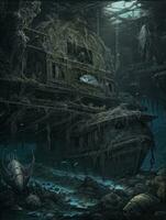 underwater ship destroyed dark fantasy illustration art scary detailed poster painting apocalypse photo