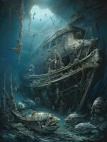 underwater ship destroyed dark fantasy illustration art scary detailed poster painting apocalypse photo