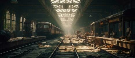 station railway train moonlight post apocalypse landscape game wallpaper photo art rust