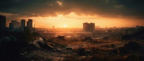 city landscape sunrise dust fog apocalypse landscape game wallpaper photo art illustration rust