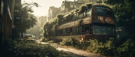 red bus double decker london post apocalypse landscape game wallpaper photo art illustration rust