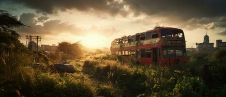 red bus double decker london post apocalypse landscape game wallpaper photo art illustration rust