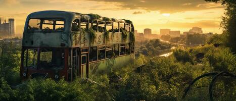 red bus double decker london post apocalypse landscape game wallpaper photo art illustration rust