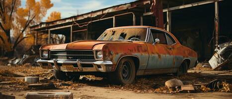 retro car muscle isolated post apocalypse landscape game wallpaper photo art illustration rust