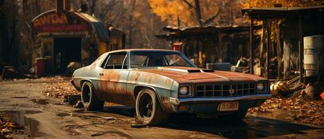 retro car muscle isolated post apocalypse landscape game wallpaper photo art illustration rust