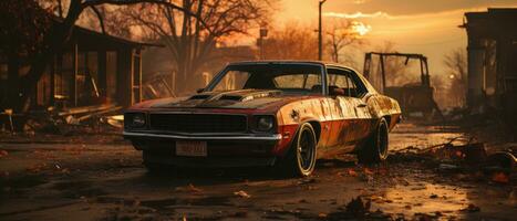 retro car muscle isolated post apocalypse landscape game wallpaper photo art illustration rust