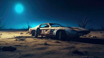 retro super car destroyed post apocalypse landscape game wallpaper photo art illustration rust