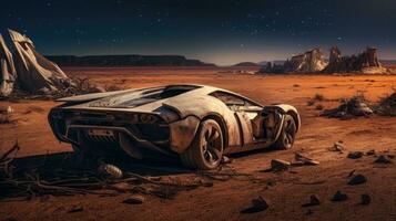 retro super car destroyed post apocalypse landscape game wallpaper photo art illustration rust