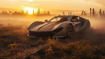 retro super car destroyed post apocalypse landscape game wallpaper photo art illustration rust