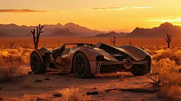 retro super car destroyed post apocalypse landscape game wallpaper photo art illustration rust