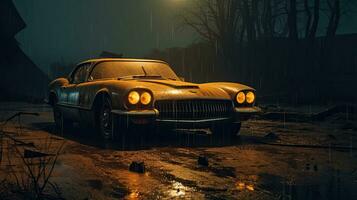 retro súper coche destruido enviar apocalipsis paisaje juego fondo de pantalla foto Arte ilustración oxido