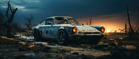 retro super car destroyed post apocalypse landscape game wallpaper photo art illustration rust