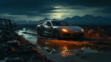 retro super car destroyed post apocalypse landscape game wallpaper photo art illustration rust