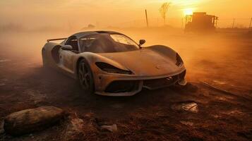 retro super car destroyed post apocalypse landscape game wallpaper photo art illustration rust