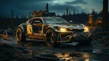 retro super car destroyed post apocalypse landscape game wallpaper photo art illustration rust