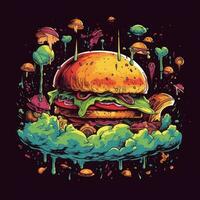 big burger space tshirt design mockup printable cover tattoo isolated vector illustration artwork photo