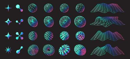 Set of retro abstract 3d shapes and forms, colorful neon geometric y2k objects, vector illustration.