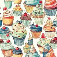 cupcakes sweet seamless pattern floral scrapbooking sheet design pastel print painting watercolor photo