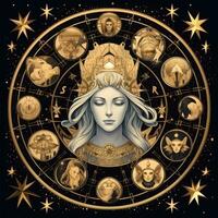 woman face mystical cosmos compass planet tarot card constellation navigation zodiac illustration photo