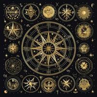 golden mystical cosmos compass planet tarot card constellation navigation zodiac illustration photo
