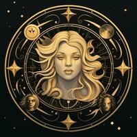 woman face mystical cosmos compass planet tarot card constellation navigation zodiac illustration photo