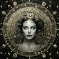 woman face mystical cosmos compass planet tarot card constellation navigation zodiac illustration photo