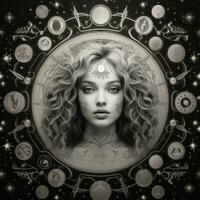 woman face mystical cosmos compass planet tarot card constellation navigation zodiac illustration photo