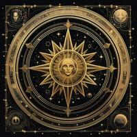 golden mystical cosmos compass planet tarot card constellation navigation zodiac illustration photo