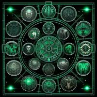 verde azur místico cosmos Brújula planeta tarot tarjeta constelación navegación zodíaco ilustración foto