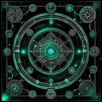 green azure mystical cosmos compass planet tarot card constellation navigation zodiac illustration photo