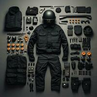swat police army Vintage Knolling Flat Lays vogue photo salon stylish clothes collection set