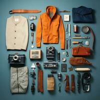 fotógrafo Clásico knolling plano pone moda foto salón elegante ropa Moda colección conjunto