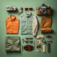 turista viajero Clásico knolling plano pone moda foto elegante ropa Moda colección conjunto