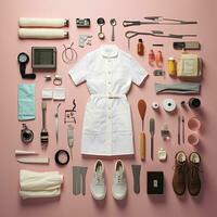 médico médico Clásico knolling plano pone moda foto salón elegante ropa Moda colección conjunto