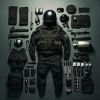 swat police army Vintage Knolling Flat Lays vogue photo salon stylish clothes collection set