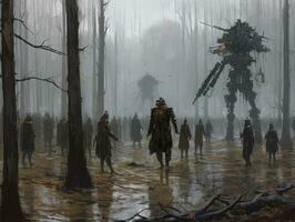 forest battle robot scythe landscape city mystic poster alien steampunk wallpaper fantastic photo