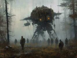 forest battle robot scythe landscape city mystic poster alien steampunk wallpaper fantastic photo