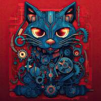 cat portrait big eyes gears abstract illustration tattoo industrial poster art geometric vector steampunk photo