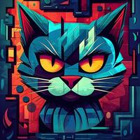 cat portrait big eyes gears abstract illustration tattoo industrial poster art geometric vector steampunk photo