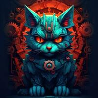 cat portrait big eyes gears abstract illustration tattoo industrial poster art geometric vector steampunk photo