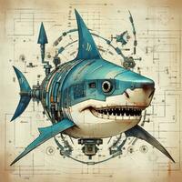 shark portrait face abstract illustration tattoo industrial poster art geometric vector steampunk photo