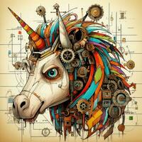 caballo unicornio engranajes resumen ilustración tatuaje industrial póster Arte geométrico vector Steampunk foto