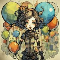 girl with balloons abstract illustration tattoo industrial poster art geometric vector steampunk photo