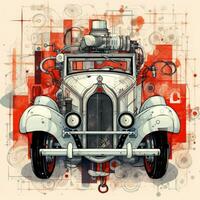 coche retro Clásico resumen ilustración tatuaje industrial póster Arte geométrico vector Steampunk foto