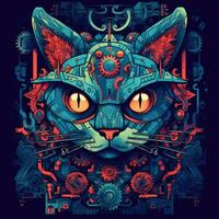 cat portrait big eyes gears abstract illustration tattoo industrial poster art geometric vector steampunk photo