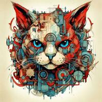 cat portrait big eyes gears abstract illustration tattoo industrial poster art geometric vector steampunk photo