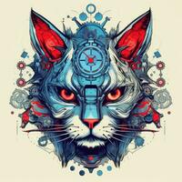 cat portrait big eyes gears abstract illustration tattoo industrial poster art geometric vector steampunk photo