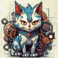 gato retrato grande ojos engranajes resumen ilustración tatuaje industrial póster Arte geométrico vector Steampunk foto