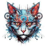 cat portrait big eyes gears abstract illustration tattoo industrial poster art geometric vector steampunk photo