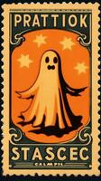 ghost spirit cute Postage Stamp retro vintage 1930s Halloweens pumpkin illustration scan poster photo